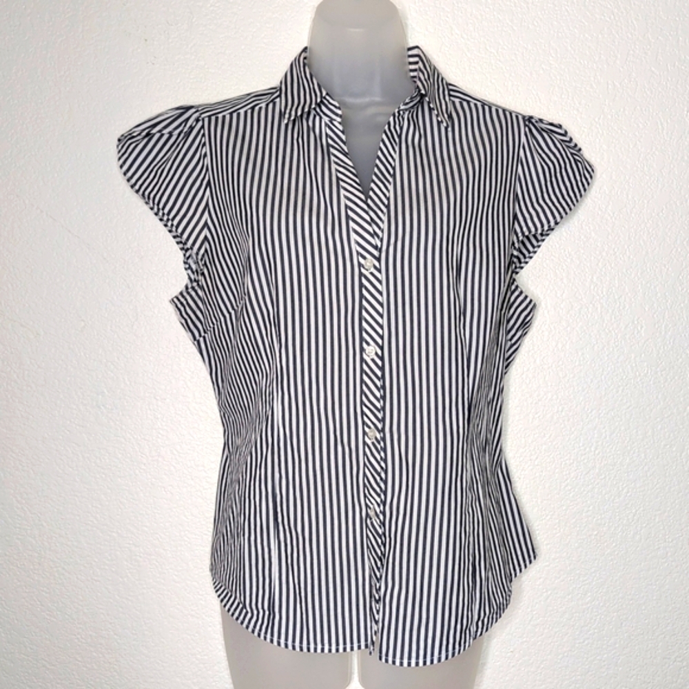 7Th Avenue Design Studio‎ Navy and White Button Down Blouse Cap Sleeve Size L